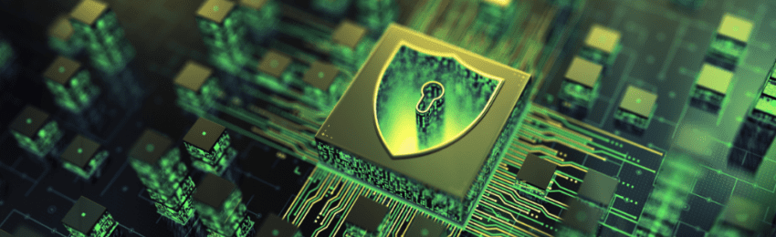 Futuristic cybersecurity shield emblem superimposed on a circuit board highlighting modern cybersecurity trends and digital protection technologies.
